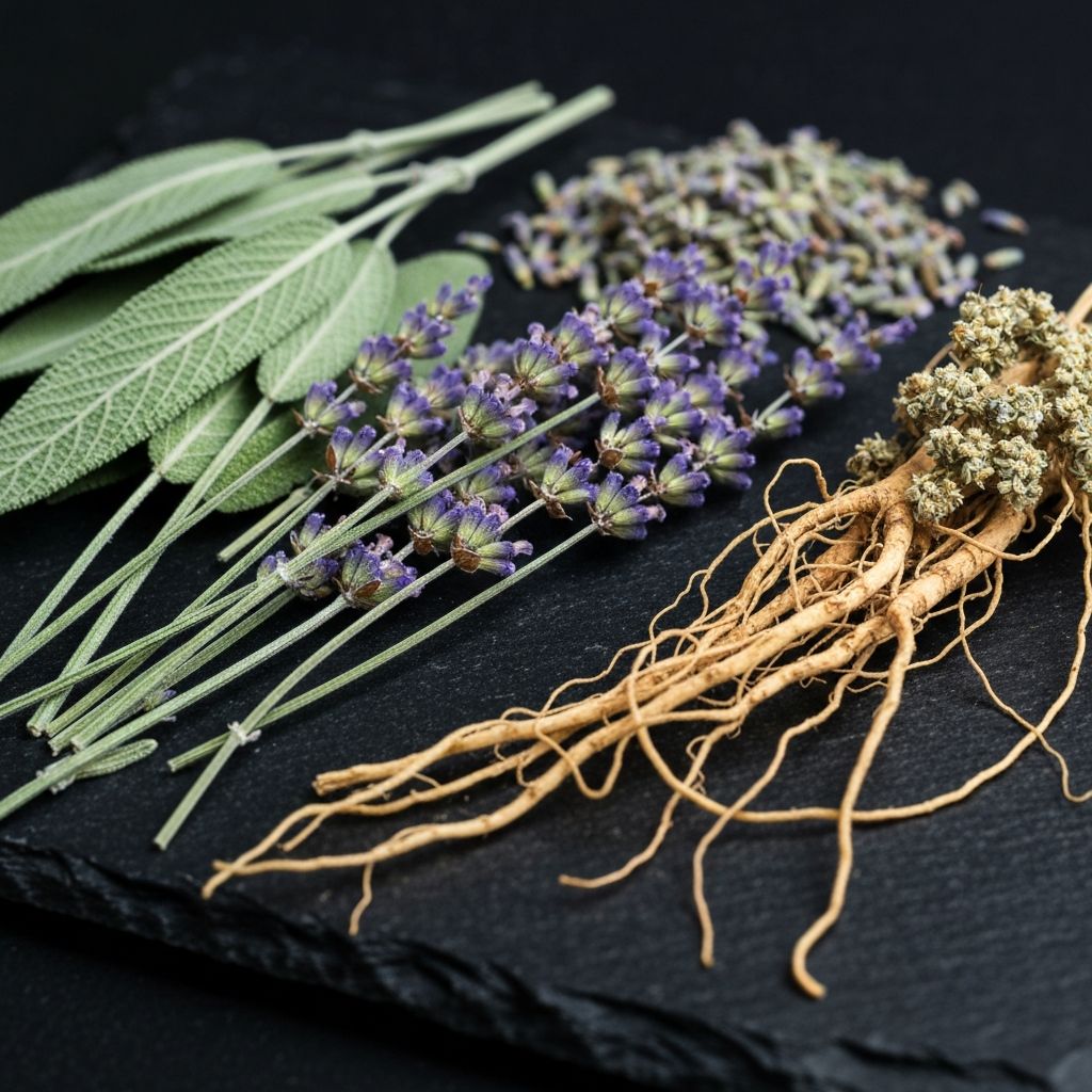 Close-up of dried medicinal herbs and roots